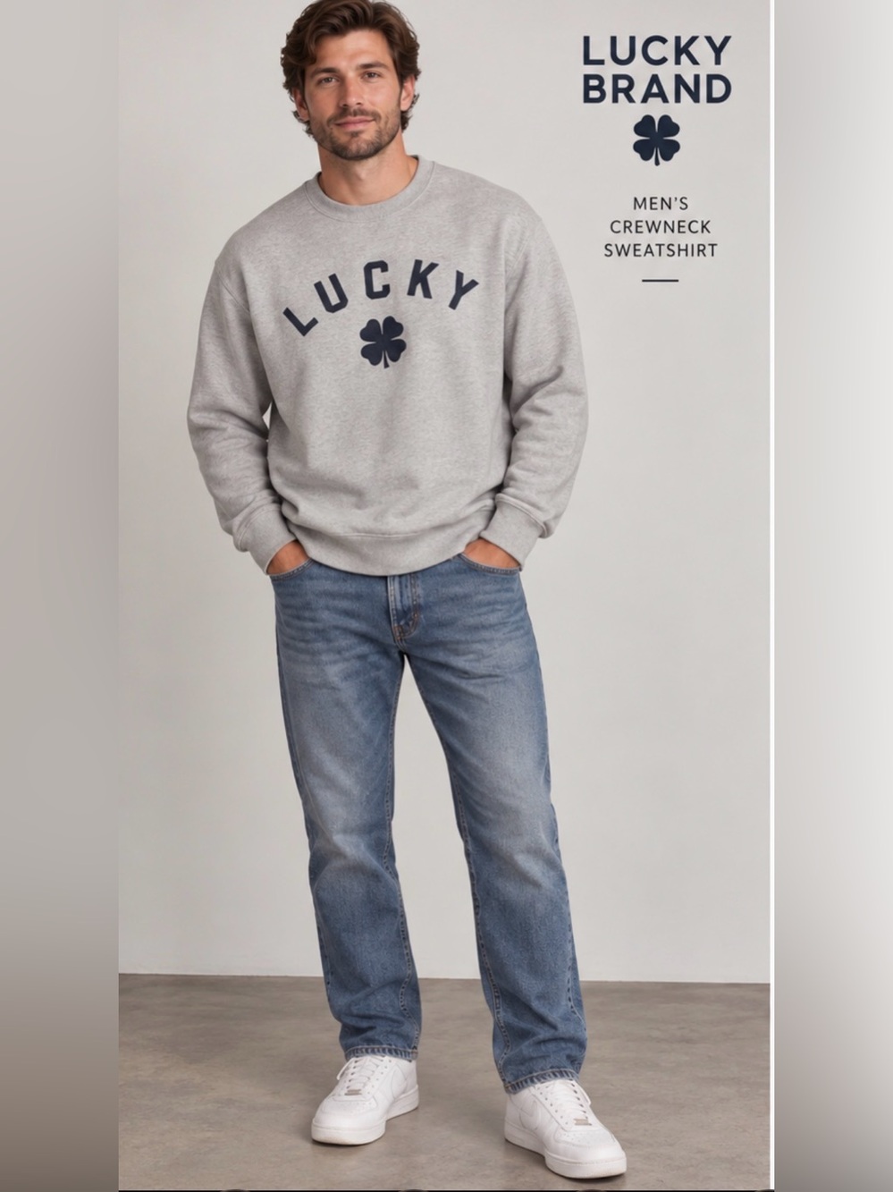 Lucky Brand Men’s Light Gray Crewneck Sweatshirt with Navy Graphic, Size XL